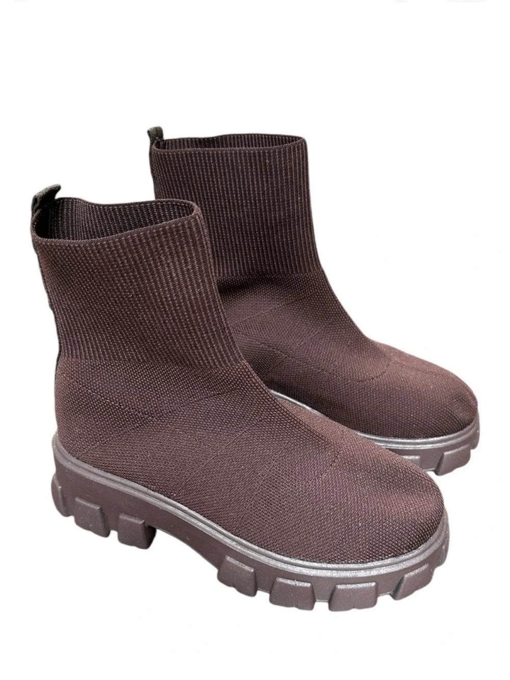 Chelsea Moto Boots 39 Sz 8.5 NWOT Chunky Casual Fall Brown Woven Sock Knit Ankle